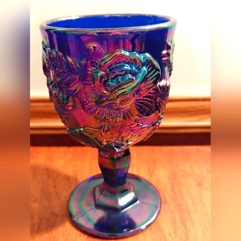Madonna Inn Goblet Floral Rose Cobalt Blue Luster Carnival Glass Water Goblet